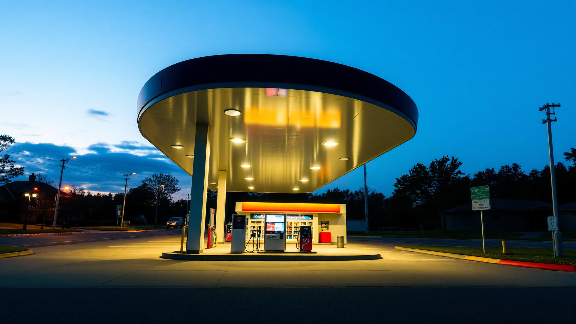Modern gas station at dusk operated by MCK Group
